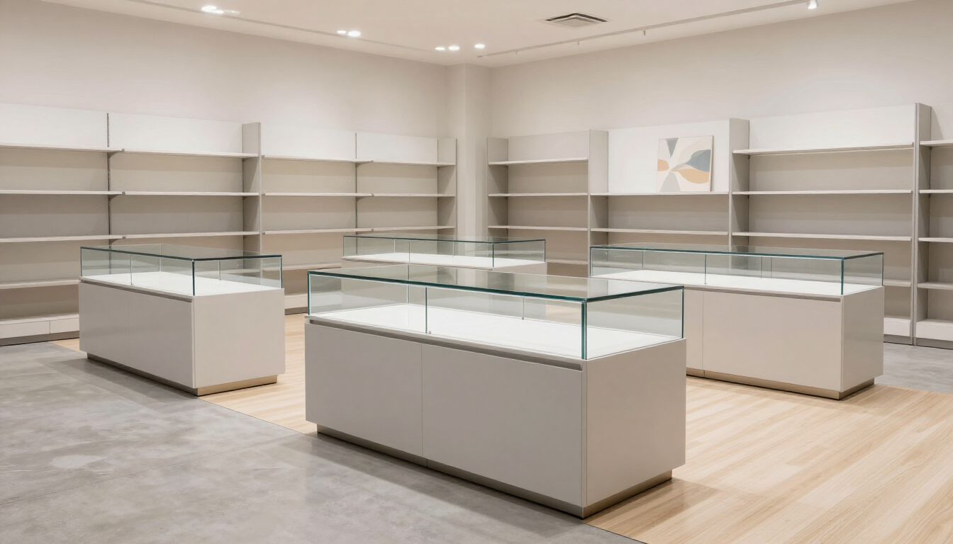 Empty retail showroom with glass display cases and wall shelves on a light wood and tile floor