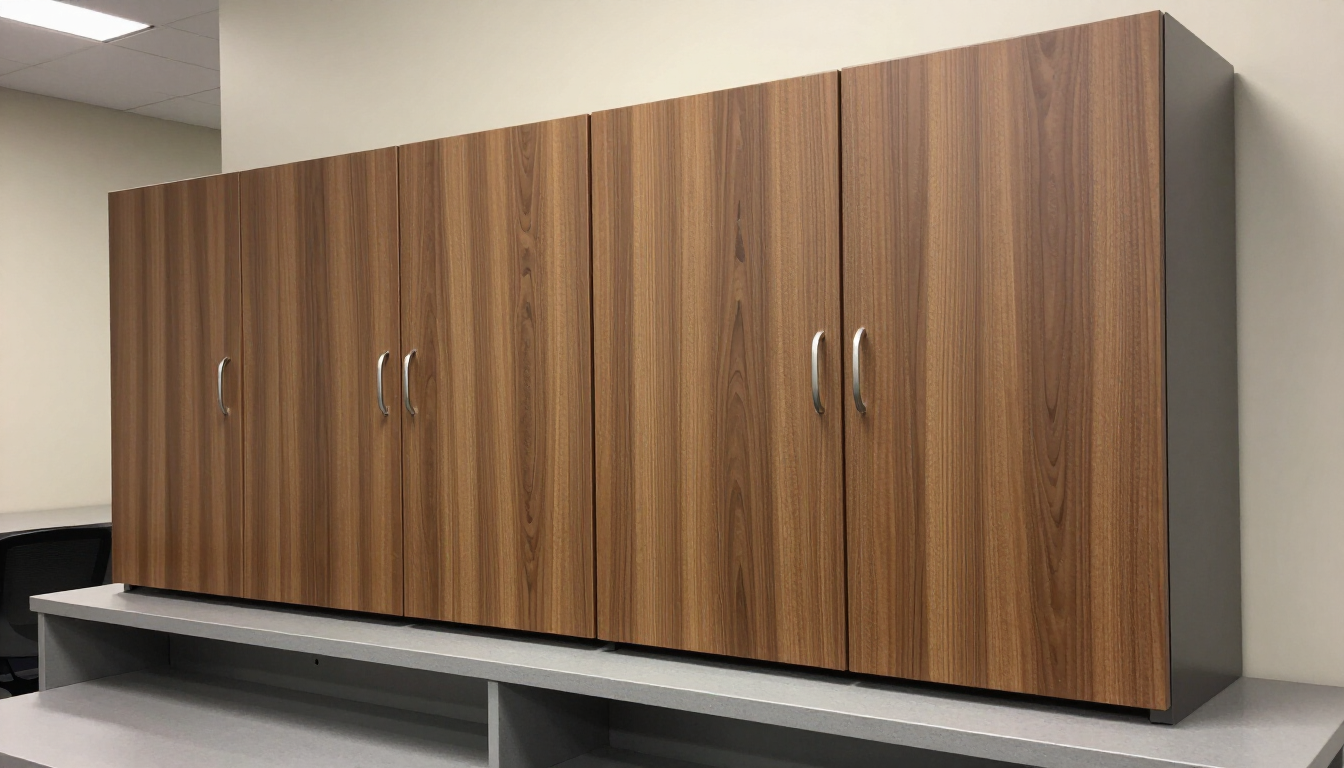 Row of tall wood-finish storage cabinets with silver handles in an office or breakroom hallway.