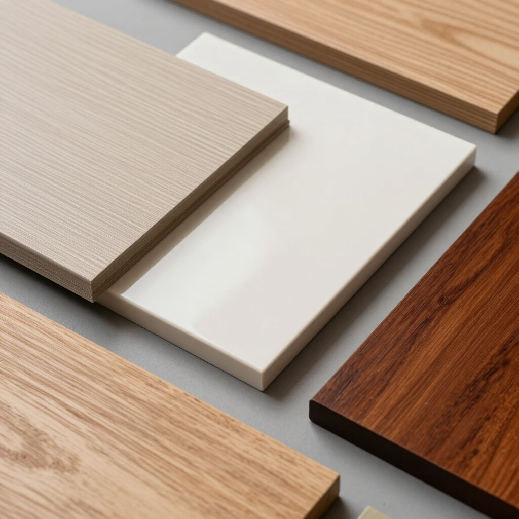 Stacked wood and laminate samples in beige, white, and brown on a light surface