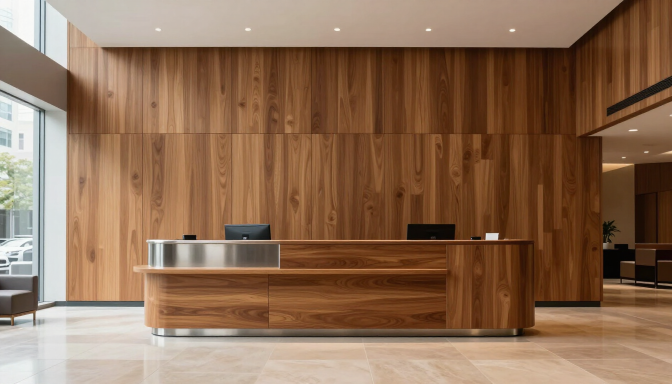Modern hotel reception desk with wood-paneled wall and polished marble floor