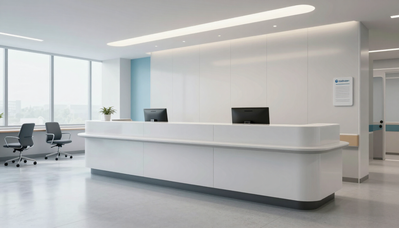 Modern hospital reception area with a white front desk and chairs by large windows