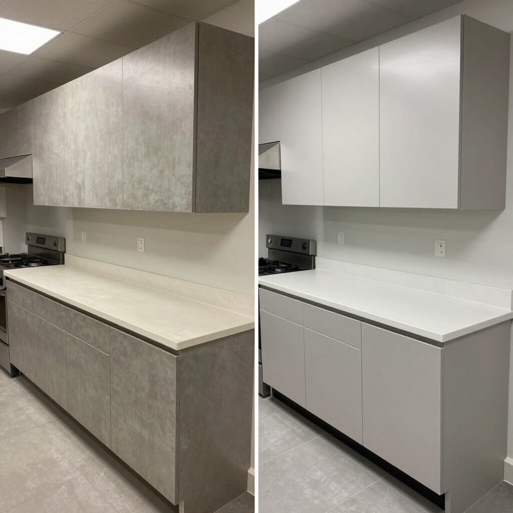 Before-and-after kitchen cabinet makeover with gray woodgrain cabinets changed to smooth white cabinets and countertops.