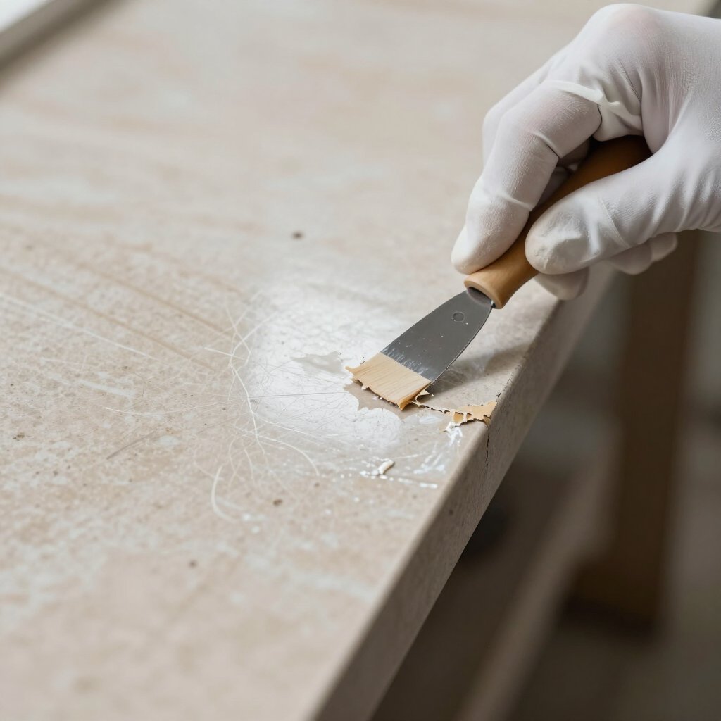 Gloved hand applying wood filler to a scratched wooden tabletop with a putty knife