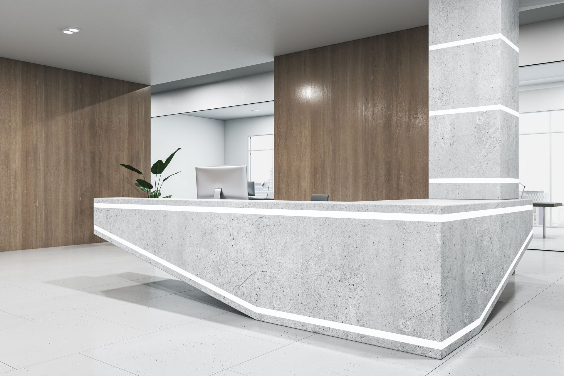 Modern office reception desk with wood paneling and marble accents