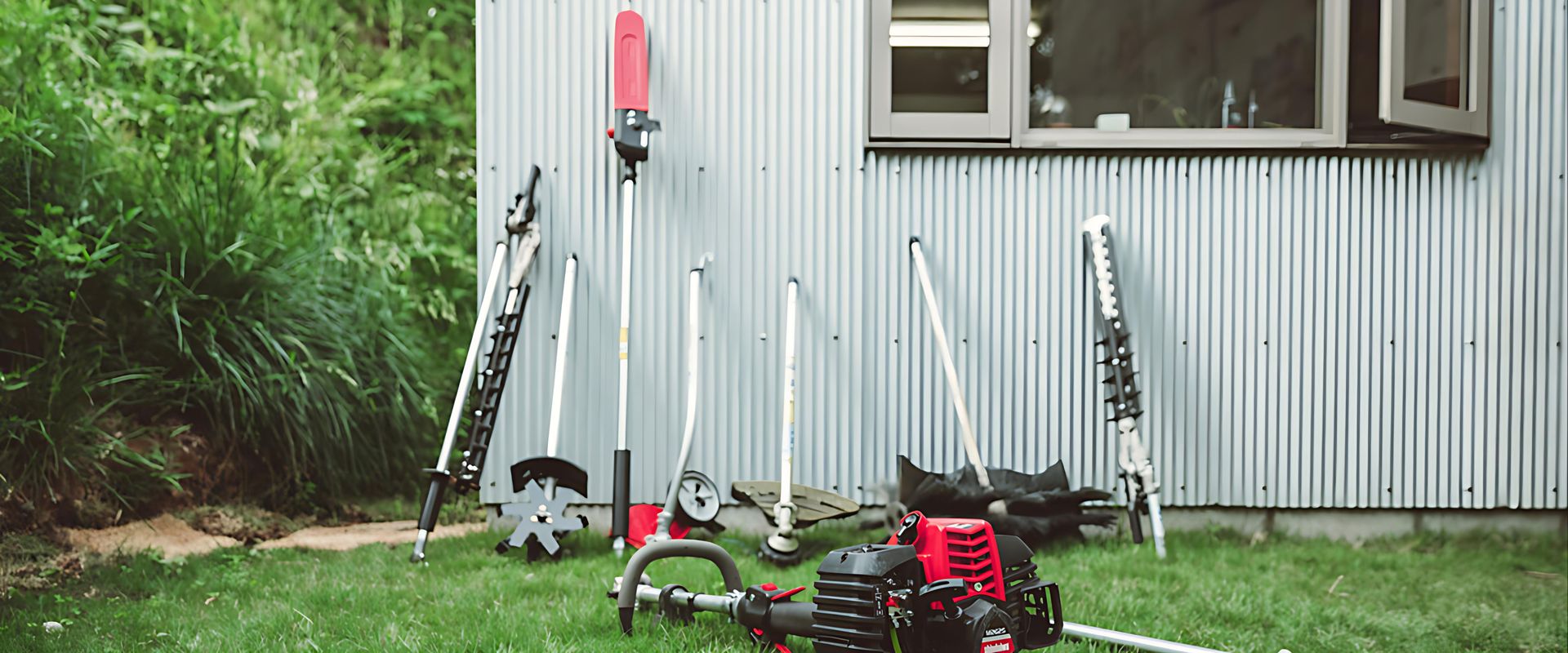 A Man is Using a Leaf Blower on a Lush Green Lawn — Diamond Service Centre In Lismore, NSW