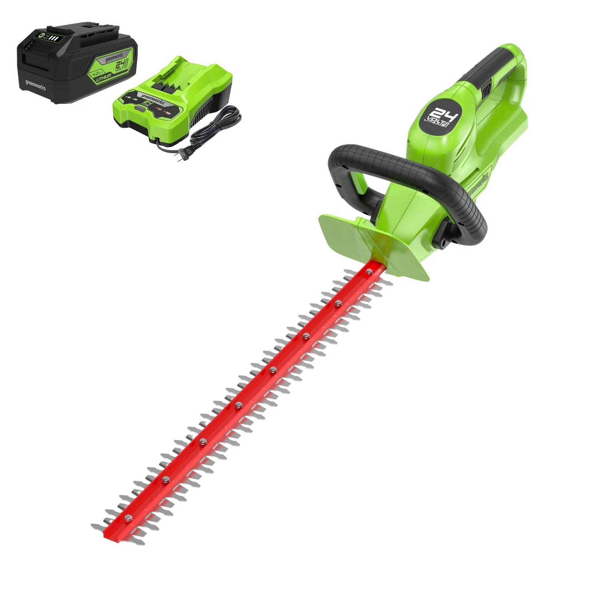 A Green and Red Hedge Trimmer With a Battery and Charger — Diamond Service Centre In Lismore, NSW