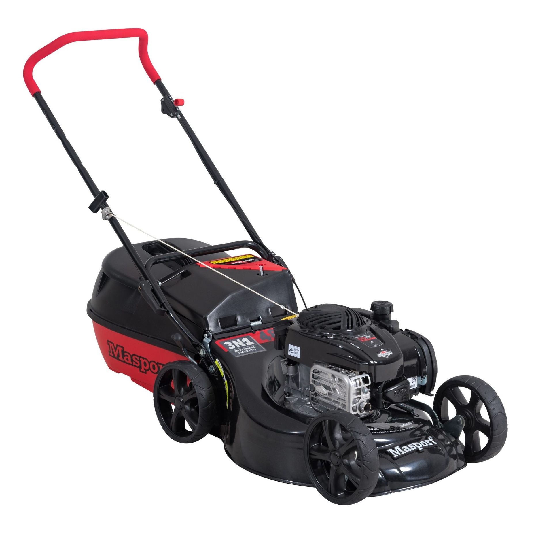 A Black and Red Lawn Mower With a Red Handle on a White Background — Diamond Service Centre In Lismore, NSW
