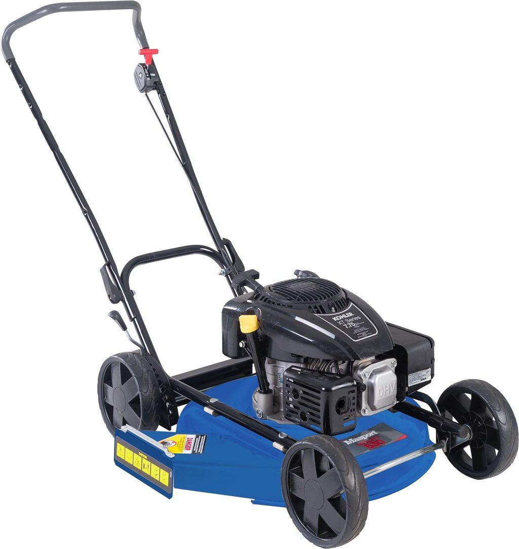 A Blue Lawn Mower With Black Wheels on a White Background — Diamond Service Centre In Lismore, NSW