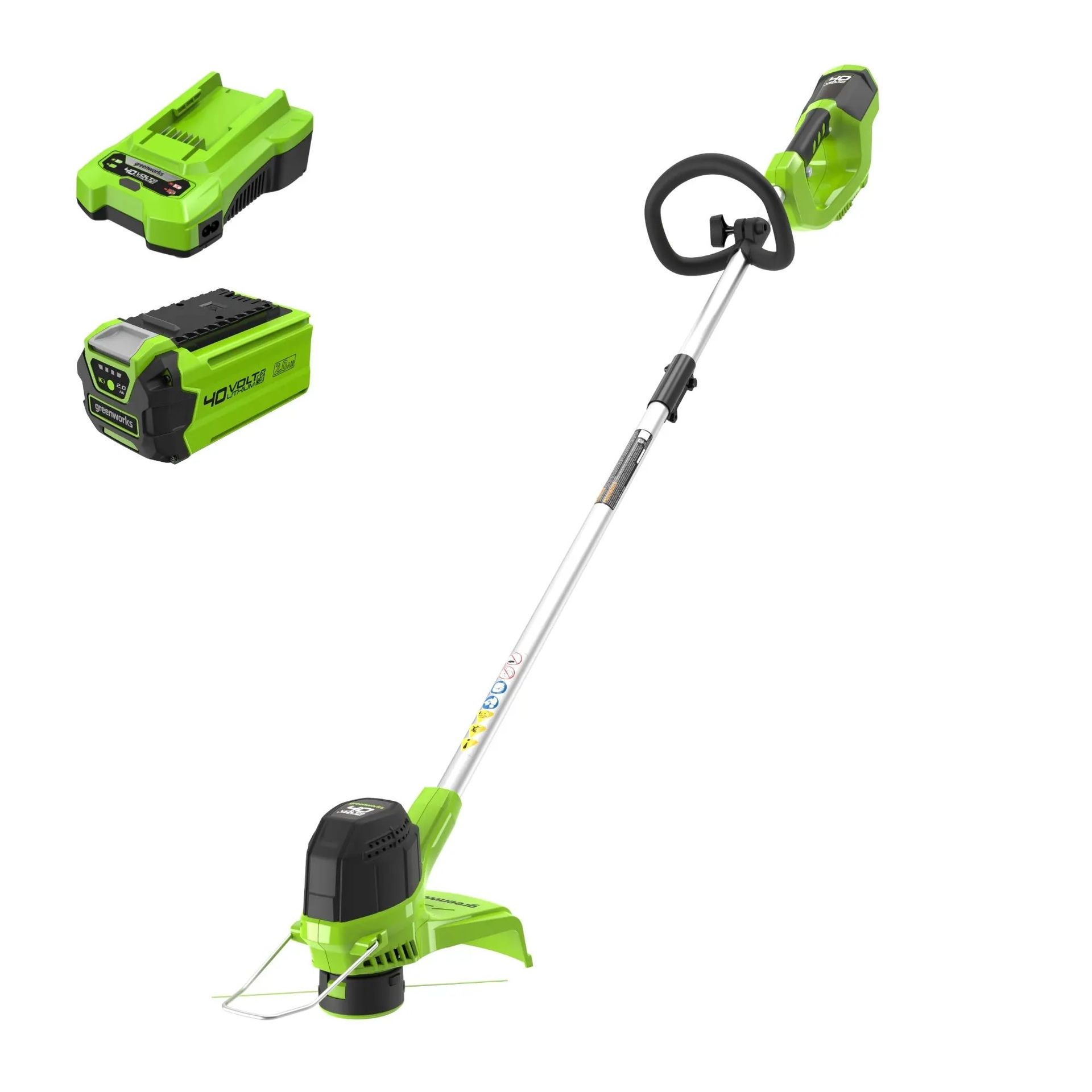 A Green Cordless Trimmer With a Battery and Charger on a White Background — Diamond Service Centre In Lismore, NSW