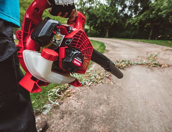 A Person is Holding a Red Leaf Blower on a Road — Diamond Service Centre In Lismore, NSW