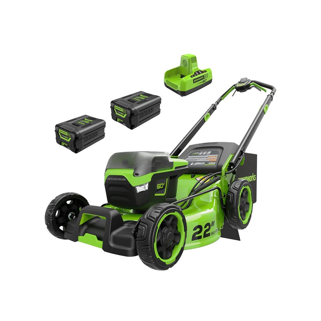 A Green and Black Lawn Mower With Two Batteries and a Charger — Diamond Service Centre In Lismore, NSW