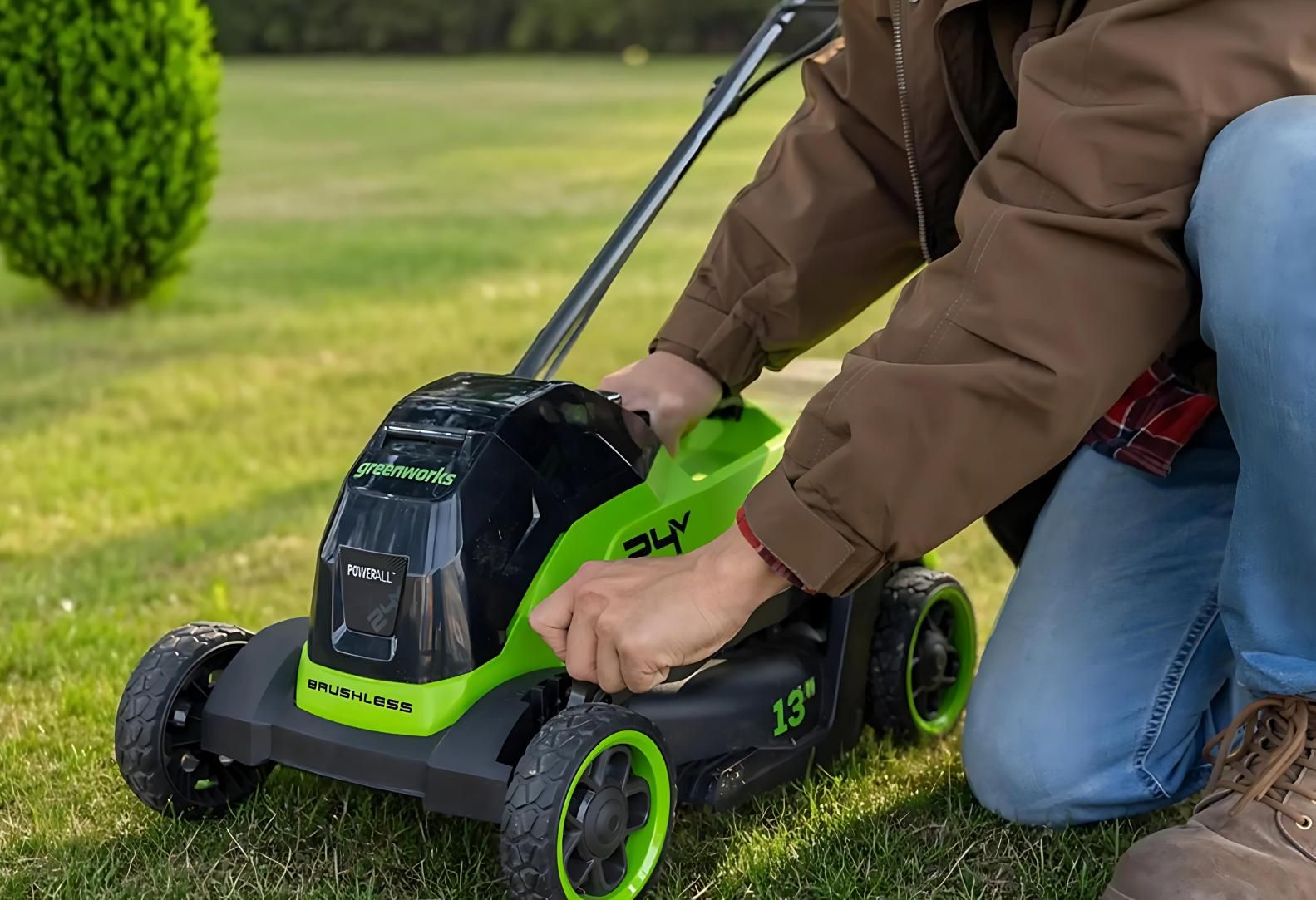 A Man is Kneeling Down Next to a Green Lawn Mower — Diamond Service Centre In Lismore, NSW