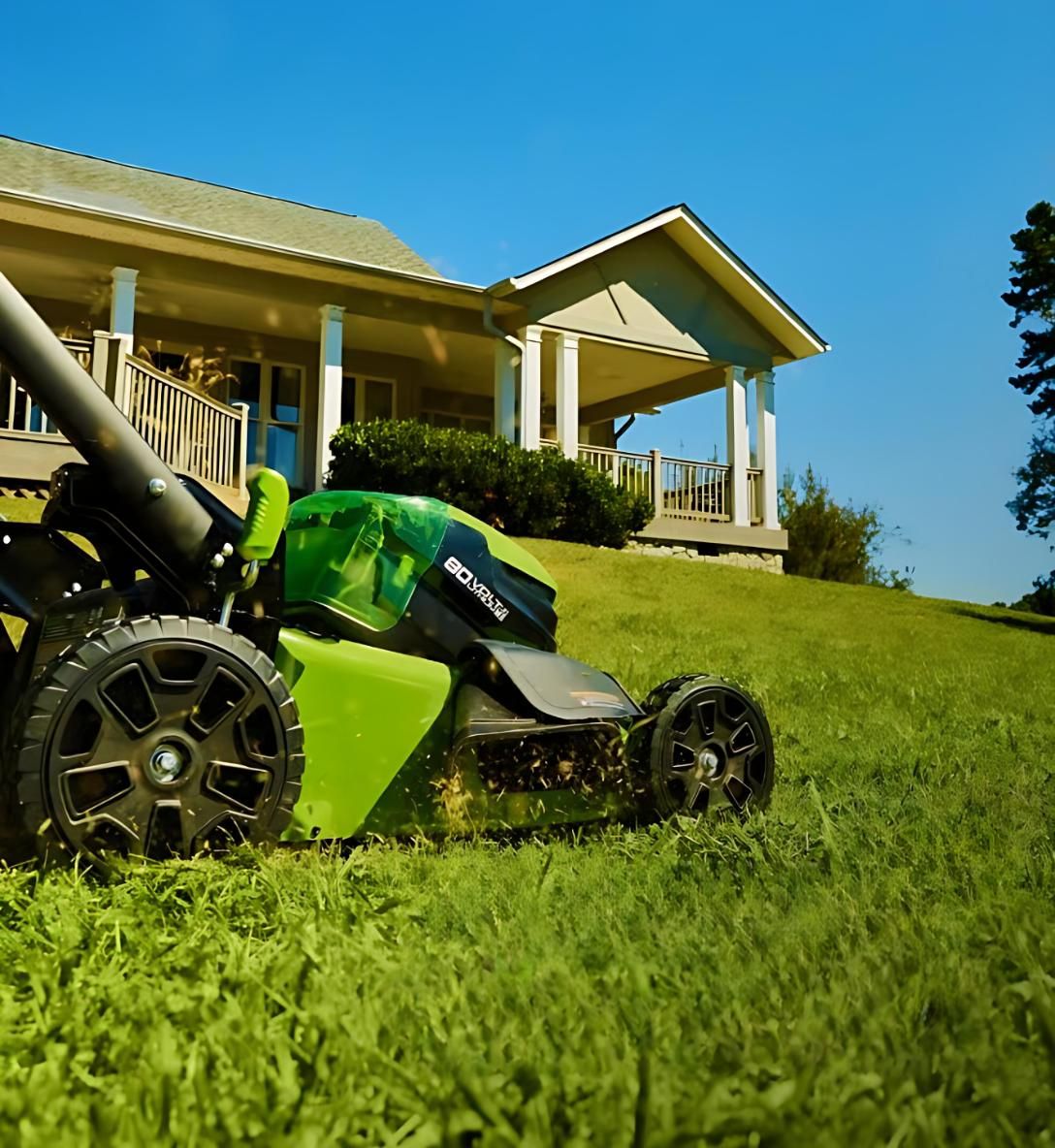 A Green Lawn Mower is Parked in Front of a House — Diamond Service Centre In Lismore, NSW