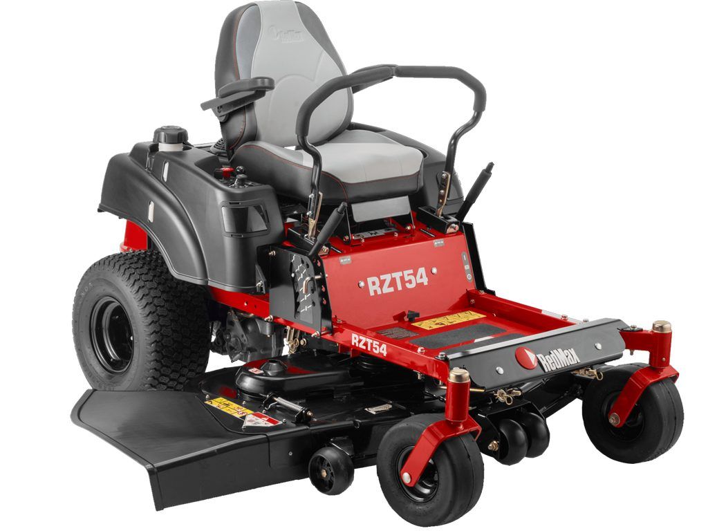 A Red and Black Lawn Mower With a Gray Seat on a White Background — Diamond Service Centre In Lismore, NSW