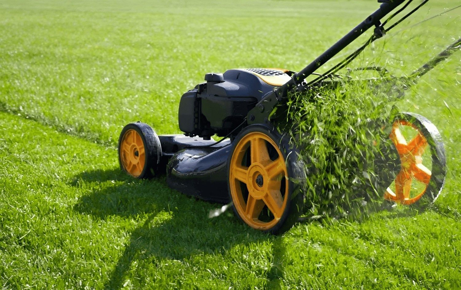 Lawn mower cutting grass on a residential lawn