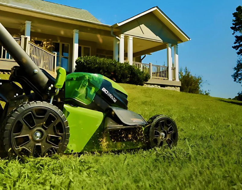 Green lawn mower cutting lawn in front of a house, demonstrating how to mow.