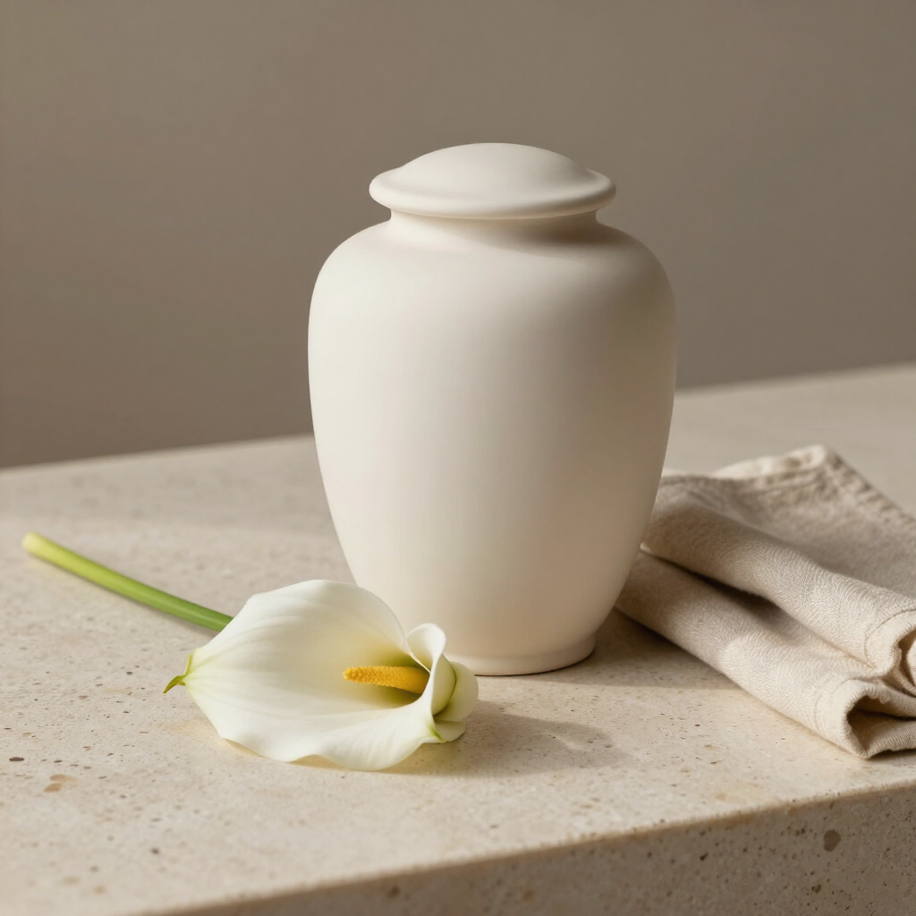 Ivory cremation urn with a white calla lily in soft natural light