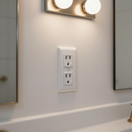 Bathroom wall outlet beneath lit mirror lights and above white countertop backsplash