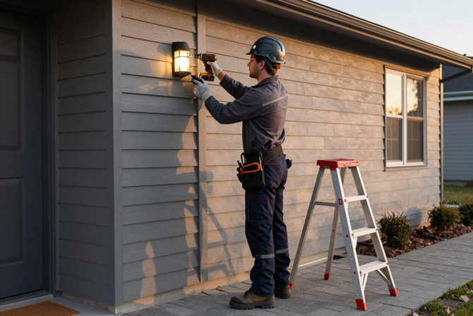 Electrician installing a wall lantern on a house exterior beside a step ladder