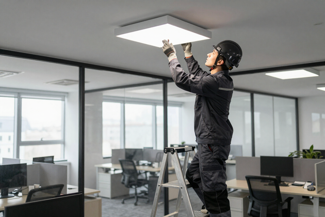 Technician on a ladder replacing a ceiling light panel in an office