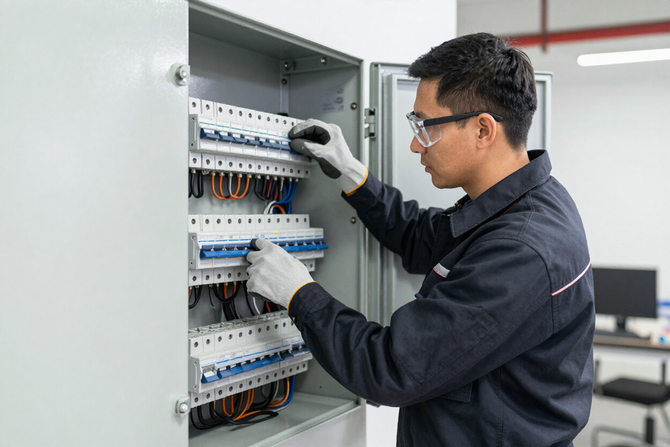 Technician inspecting electrical control panel with tools, adjusting wiring inside an open cabinet.