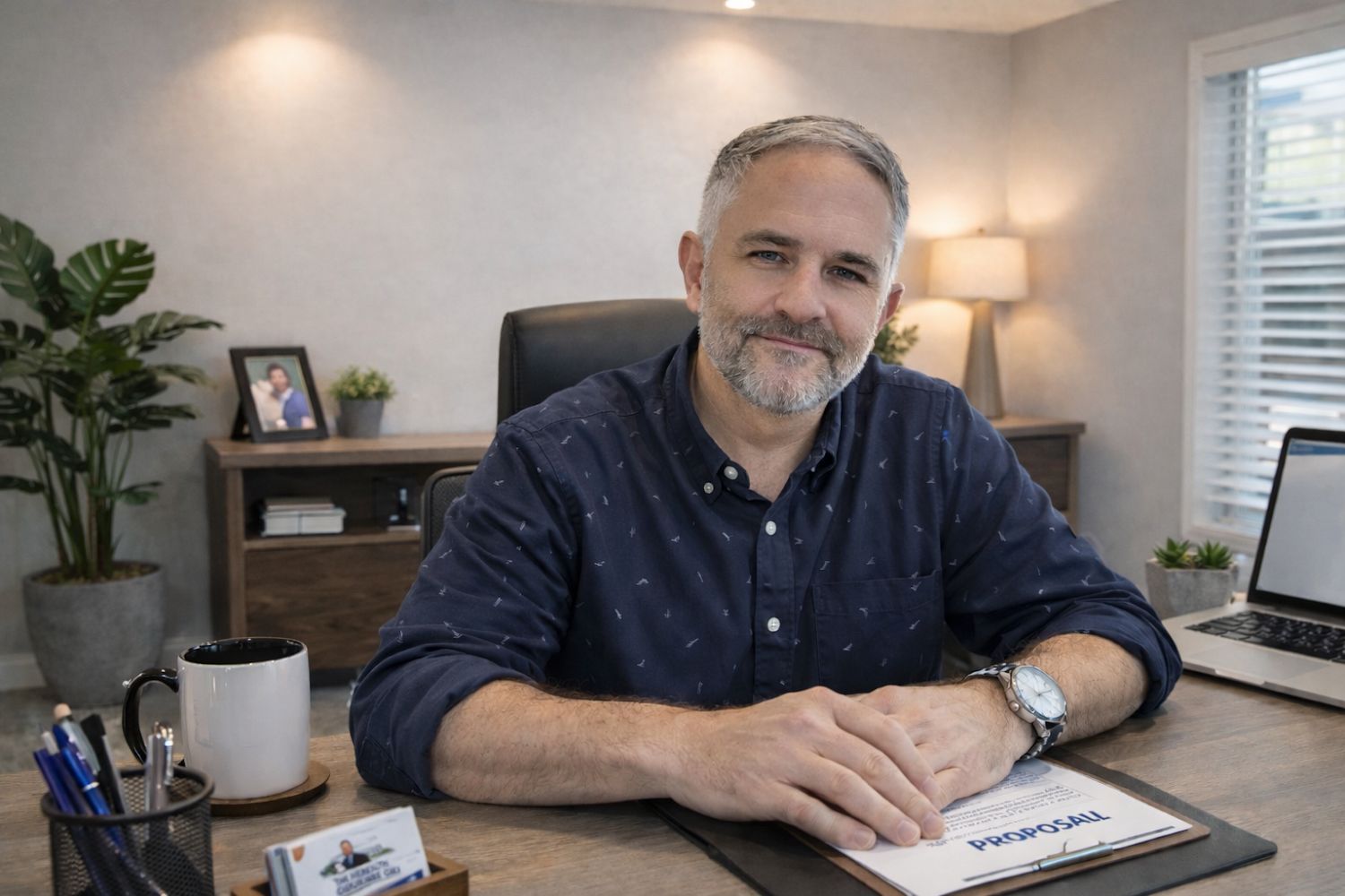 Man seated at desk, smiling, in office setting.