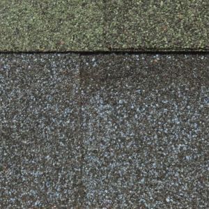 Close-up of textured green and gray shingle roof with a seam line