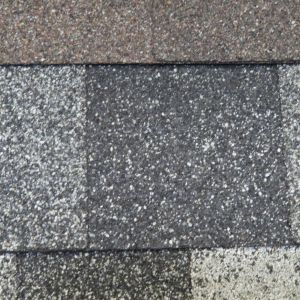 Close-up of weathered gray and tan asphalt shingles with a rough, speckled texture.