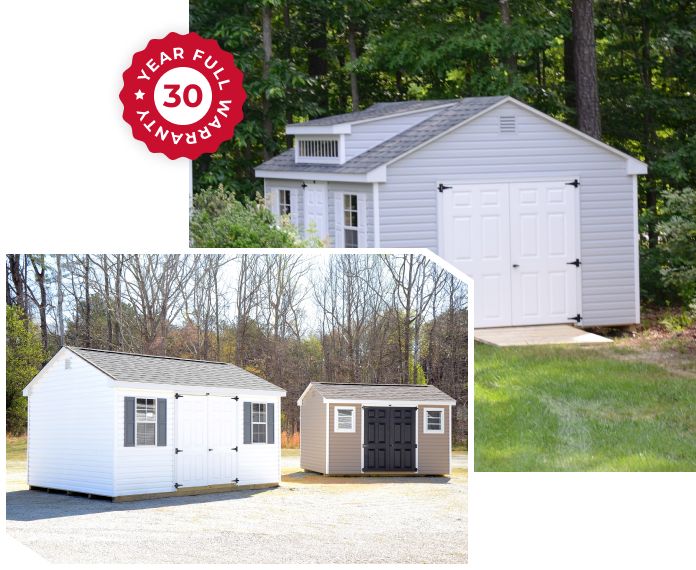 White vinyl storage shed with double doors and side window in a yard, with inset views of two shed models.