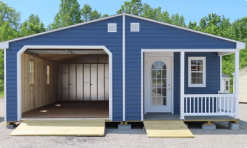 Blue garage with open bay and adjacent white porch entry under a gabled roof