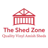 Logo for The Shed Zone with a red shed icon and the text “Quality Vinyl Amish Sheds”