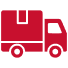 Red delivery truck icon with a white cargo box and front cab on a white background