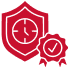 Red shield with white clock and checkmark badges, suggesting security and verification.