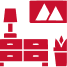 Stylized red and white home interior icons: dresser, wall art, and vase on shelves