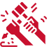 Red stylized hands forming a handshake or teamwork symbol on a white background