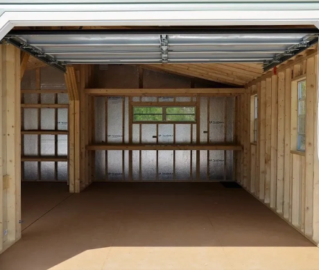 Empty wooden garage interior with open overhead door and unfinished walls