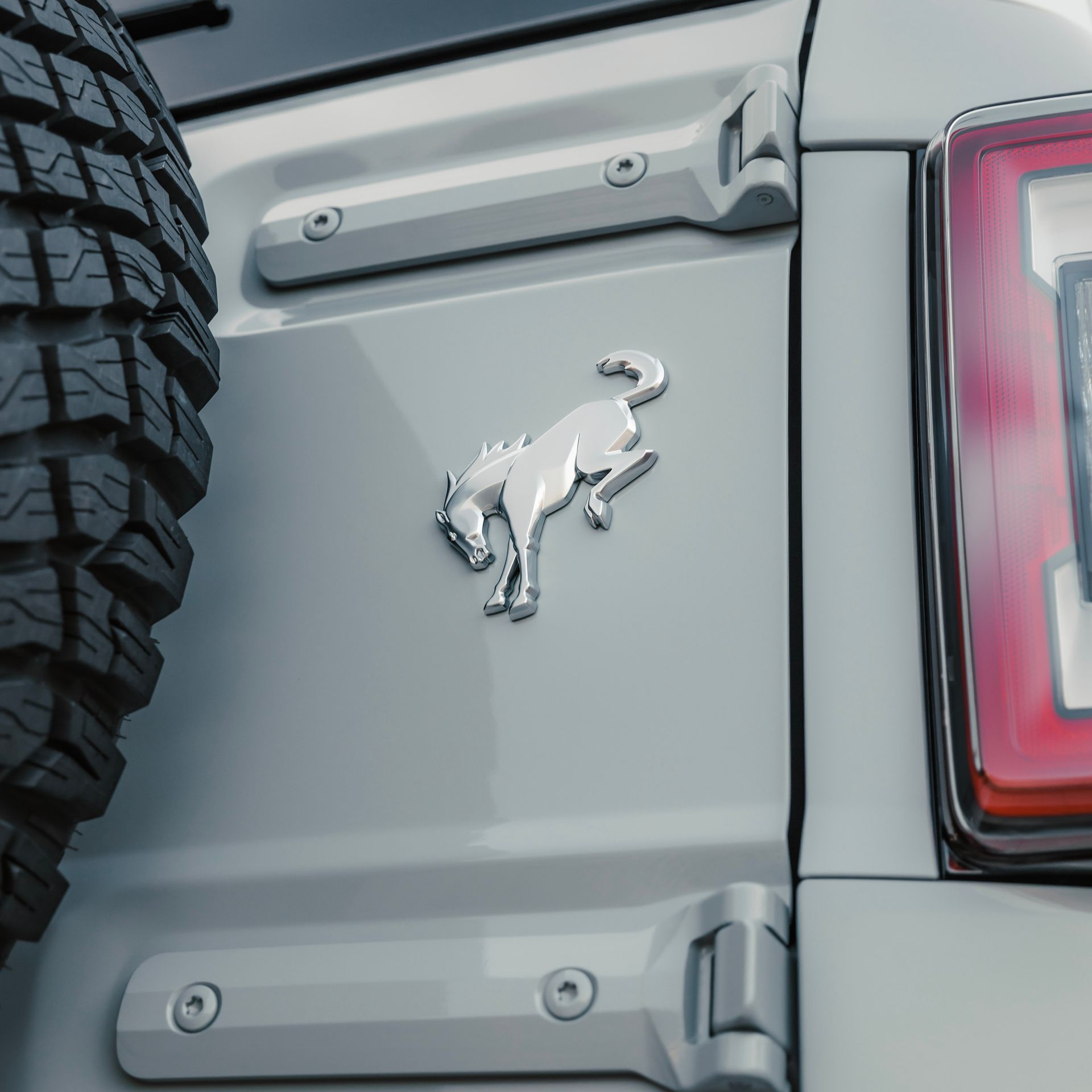 Silver Ford Bronco emblem on a gray vehicle door.