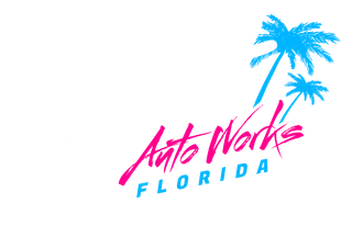 Auto Works Florida logo with pink text, blue palm trees.