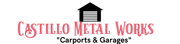 Logo for Castillo Metal Works featuring a black icon of a garage above the company name and "Carports & Garages" text.