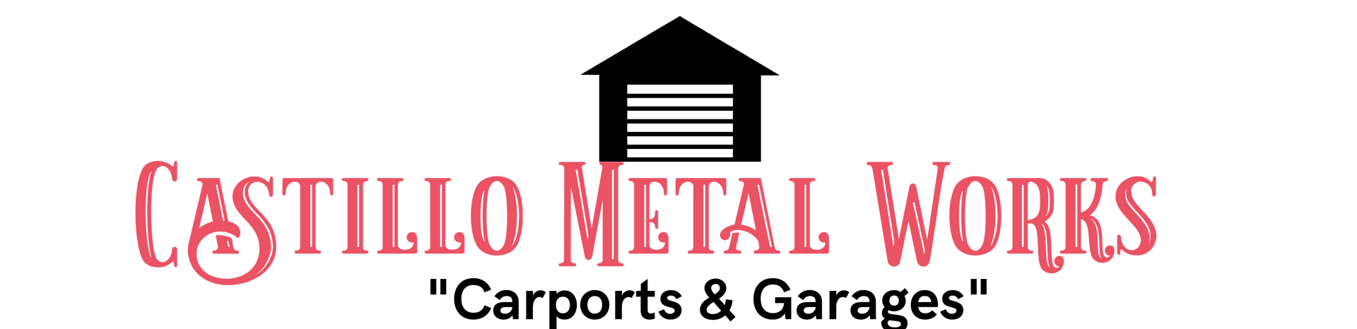 Logo for Castillo Metal Works featuring a black icon of a garage above the company name and "Carports & Garages" text.