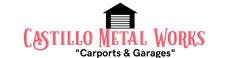 Logo for Castillo Metal Works featuring a black icon of a garage above the company name and "Carports & Garages" text.