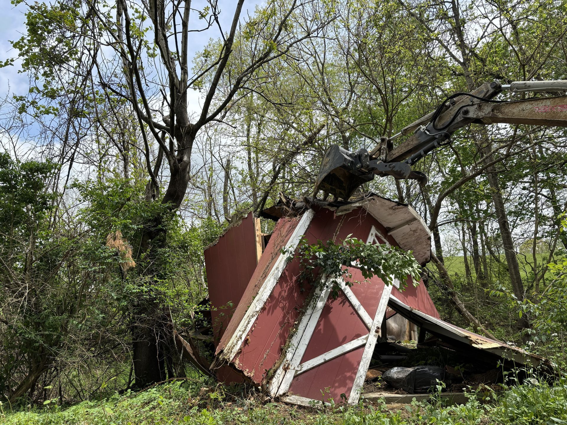Collapsed red shed under fallen tree in wooded area, with broken white supports and debris.