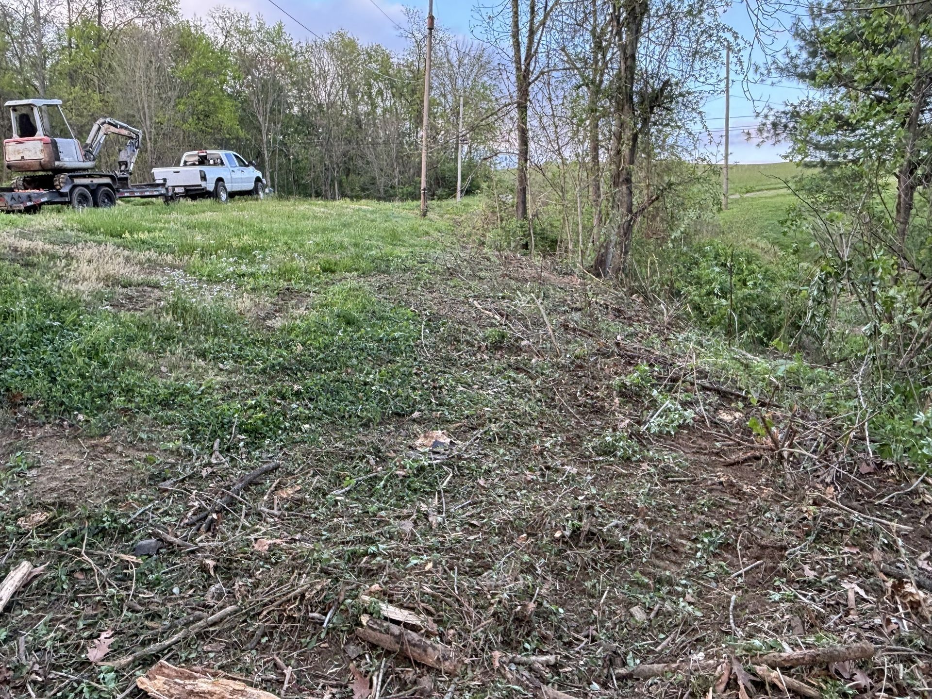 Cleared grassy lot with trees, a white pickup and excavator in the distance, and brush in the foreground