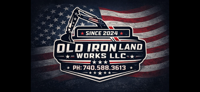 Old Iron Land Works LLC logo on a weathered American flag background, with phone number and &ldquo;Since 2024&rdquo; text