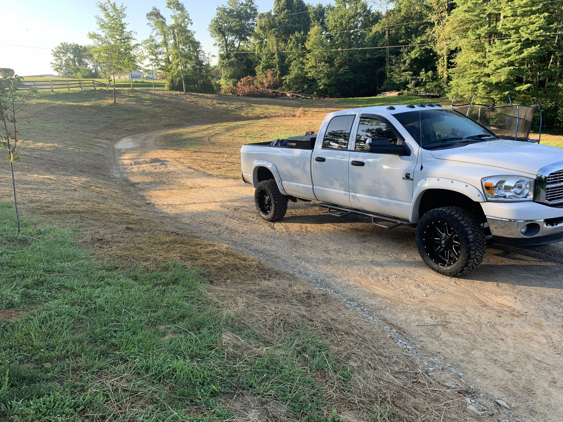 White pickup truck parked on a dirt road beside a grassy field and trees