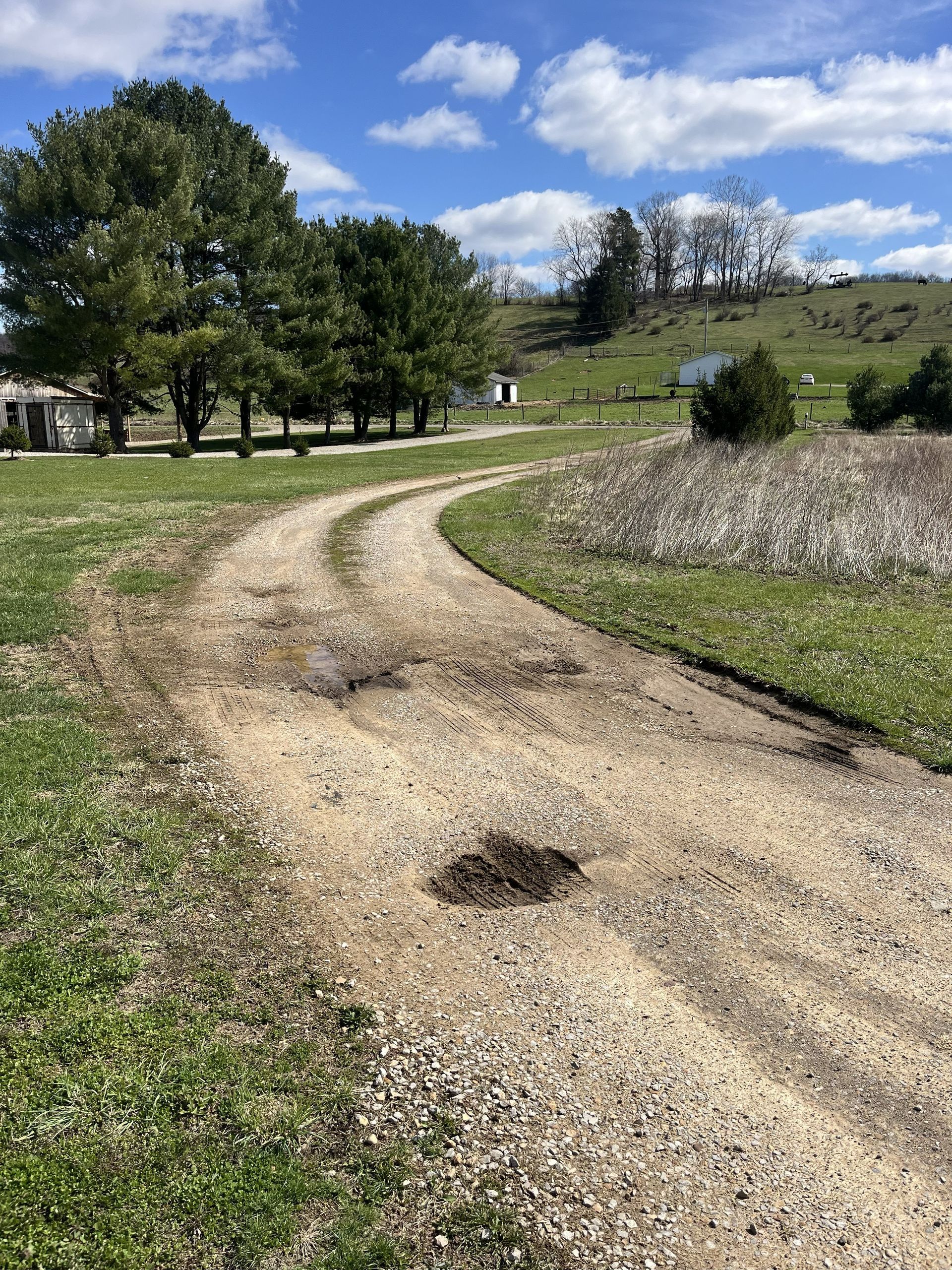 Winding gravel path through green meadow under blue sky with trees and hills