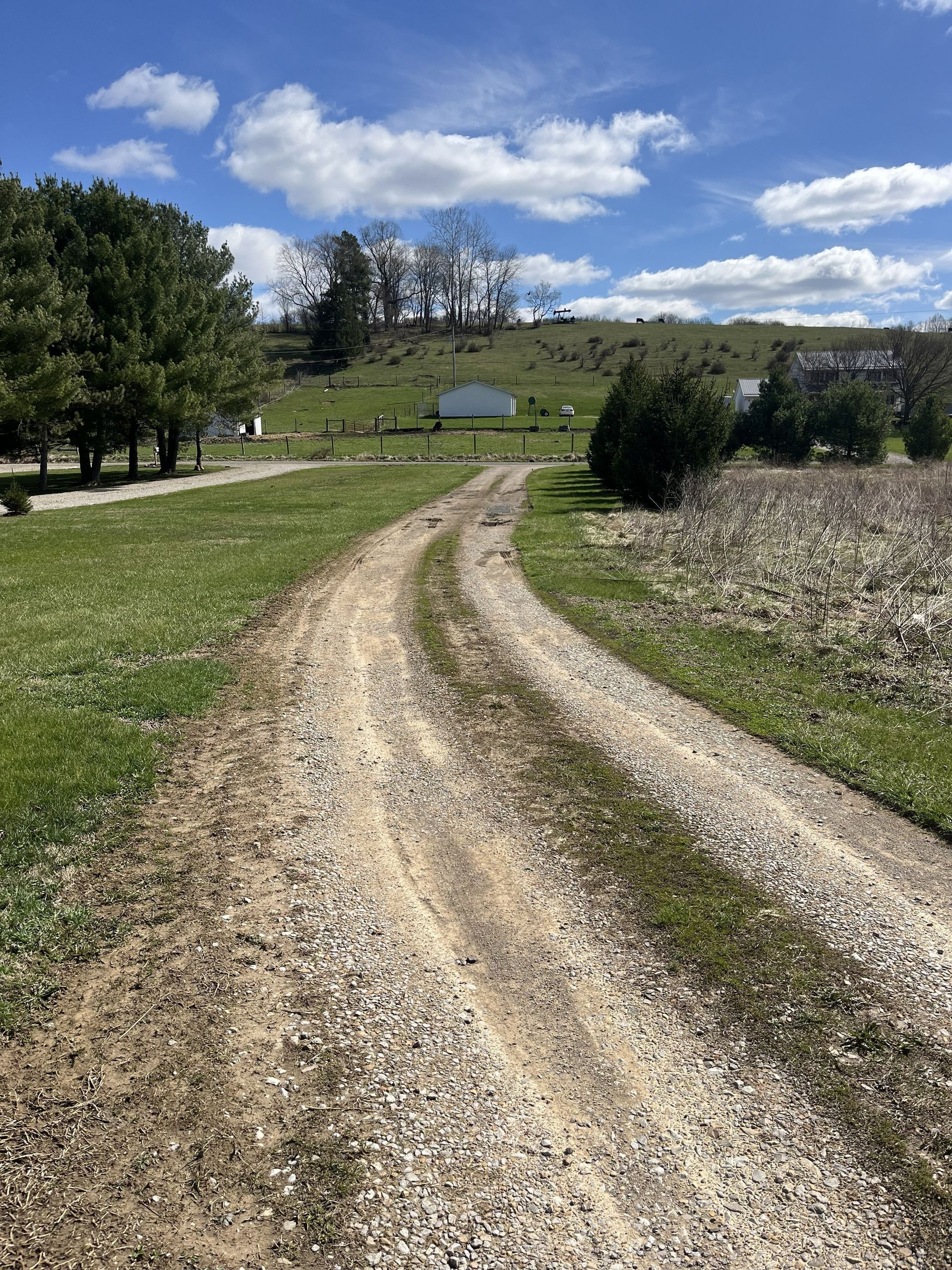 Gravel driveway winding through green fields toward a white house under a blue sky with clouds