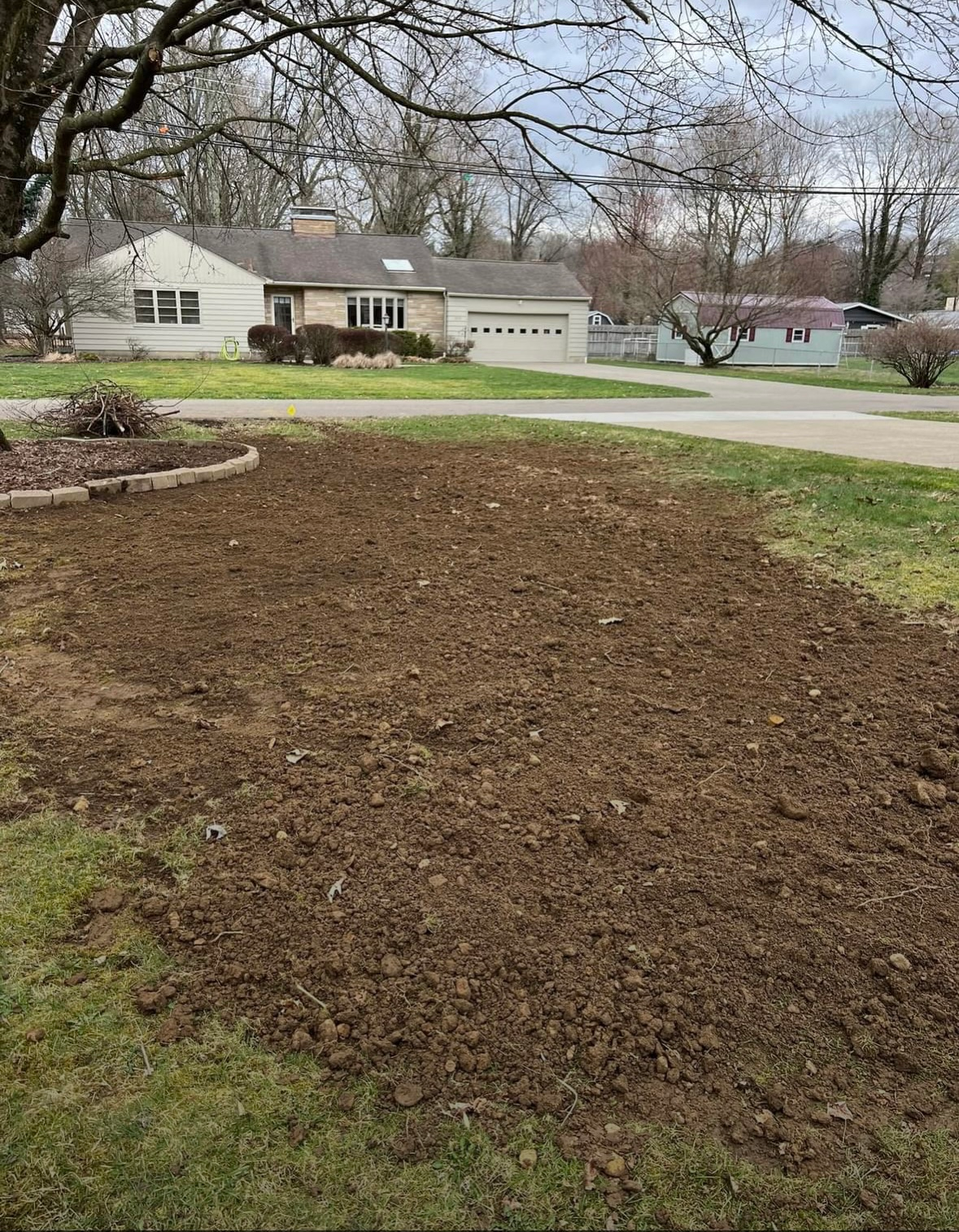 Front yard with bare soil and sparse grass, bordered by a driveway and suburban houses under leafless trees.