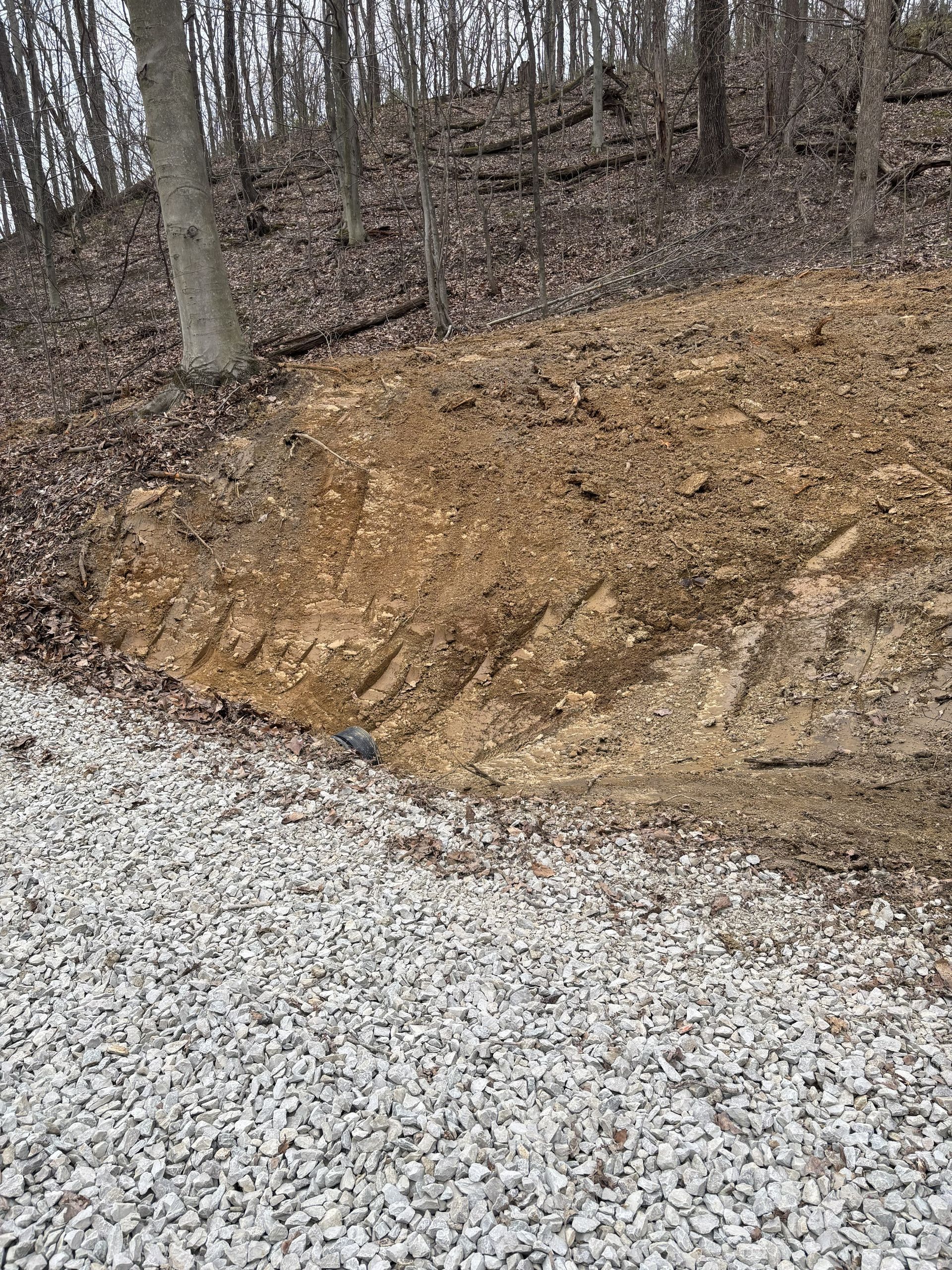 Gravel driveway beside a muddy dirt embankment and leafless trees on a wooded hillside