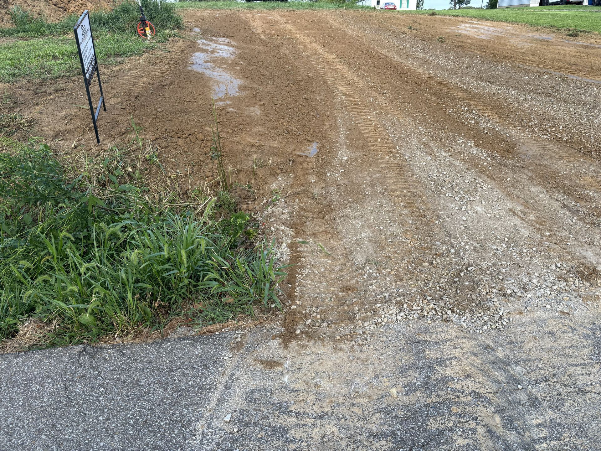 Gravel road beside grassy verge with a signpost and muddy puddles after rain